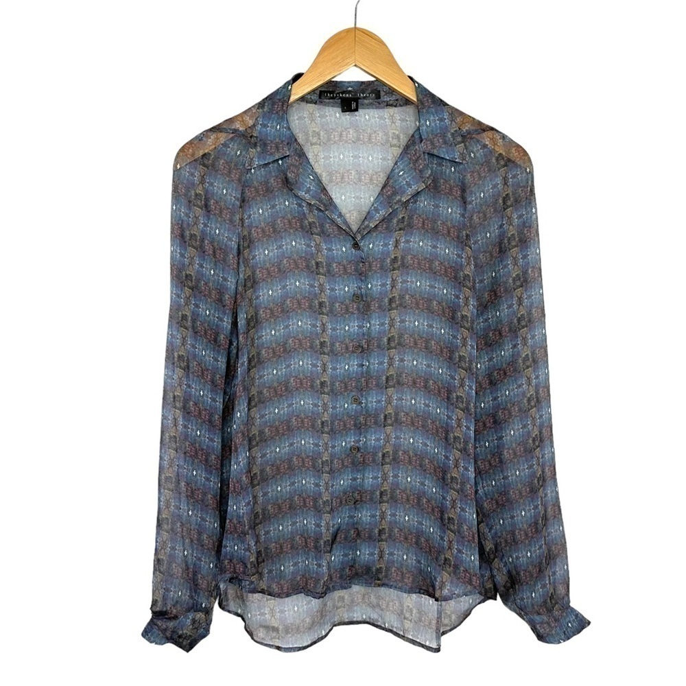 Theyskens Theory Womens Silk Sheer Long Sleeve Button Blouse Sz Small Multicolor